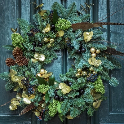 Gold and Blue Christmas Wreath